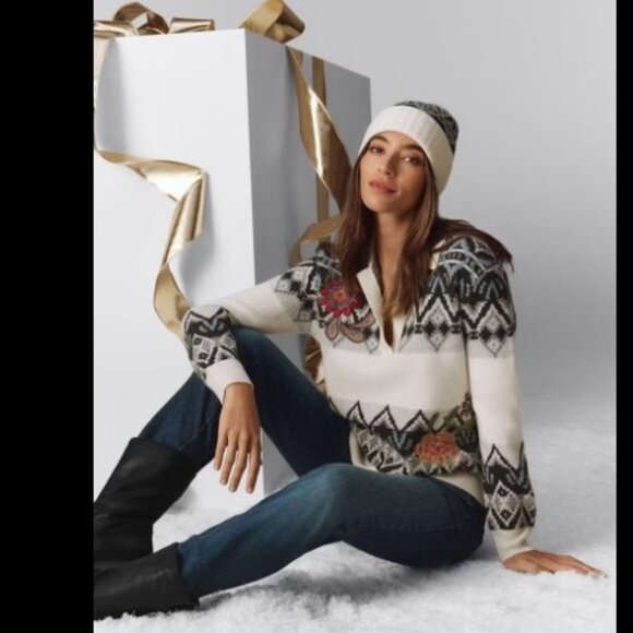 NWT Johnny Was The Fairisle Polo Sweater Wool/Cashmere Ecru Large - Picture 1 of 13
